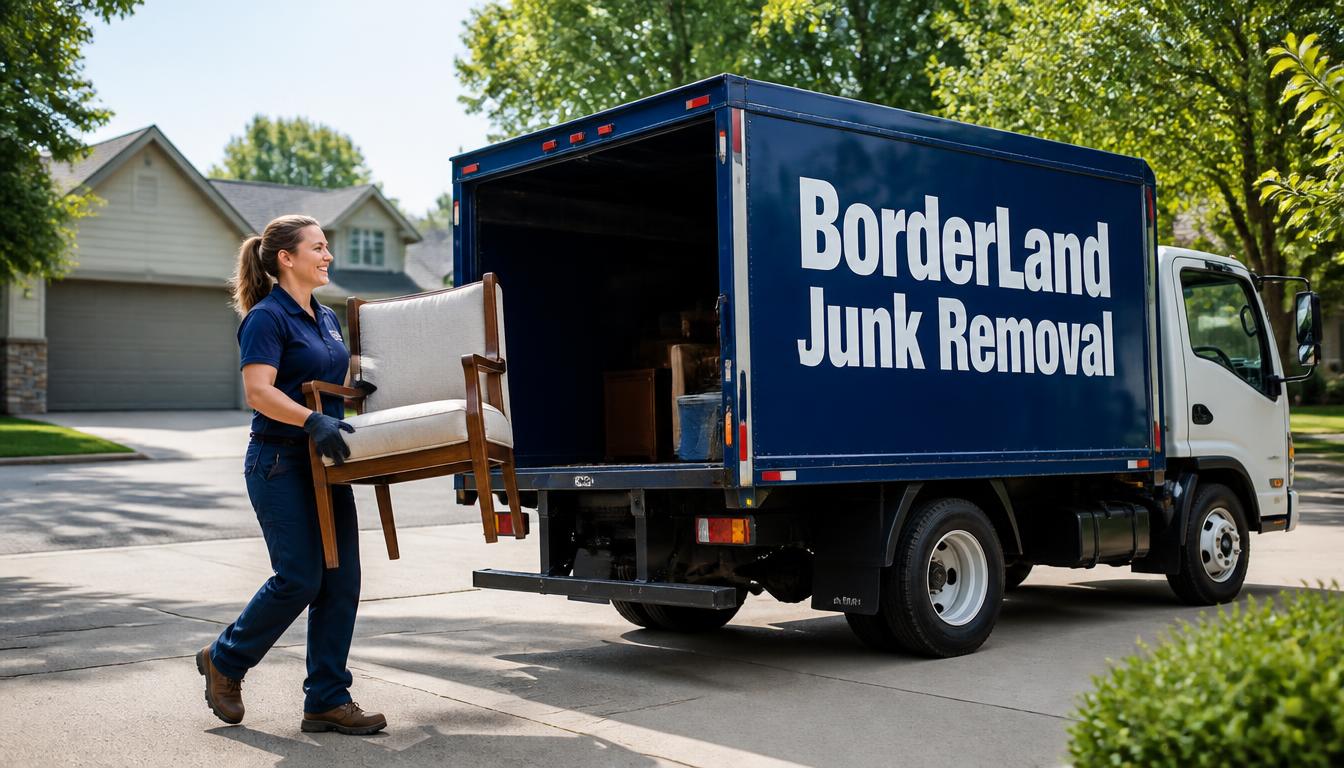 BorderLand Junk Removal truck with a team member hauling furniture